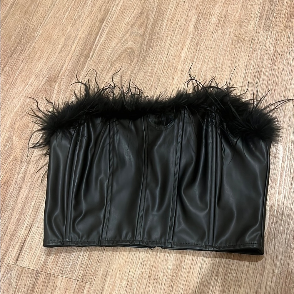 Black Feather Trim Corset Top